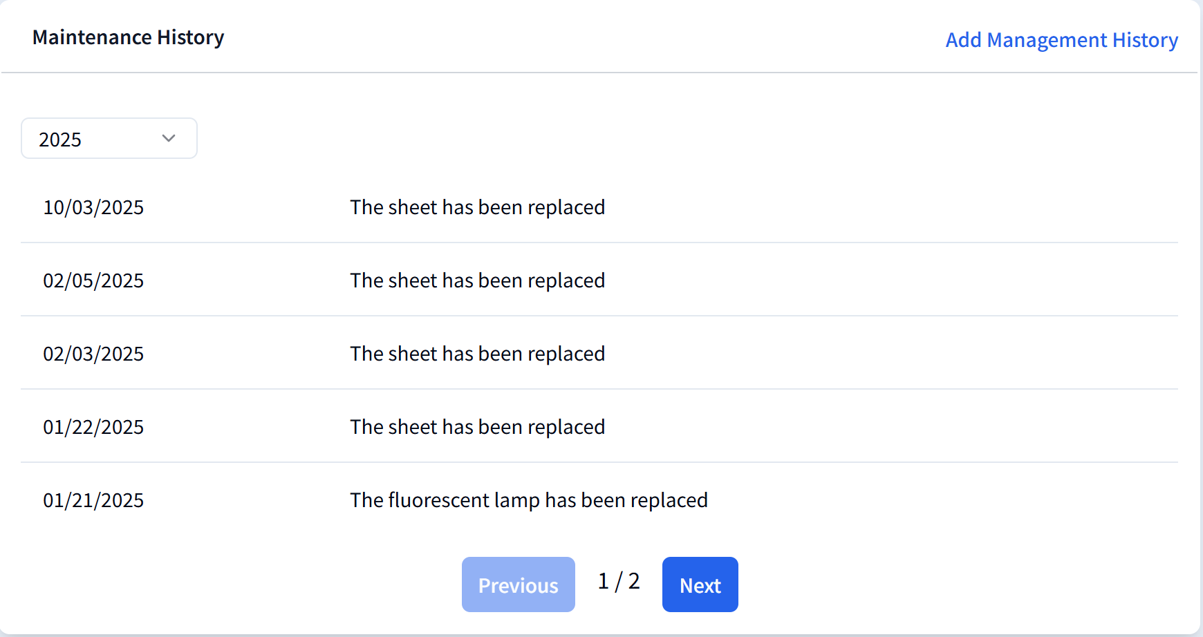 Maintenance History on the Insect Trap Camera Details Screen